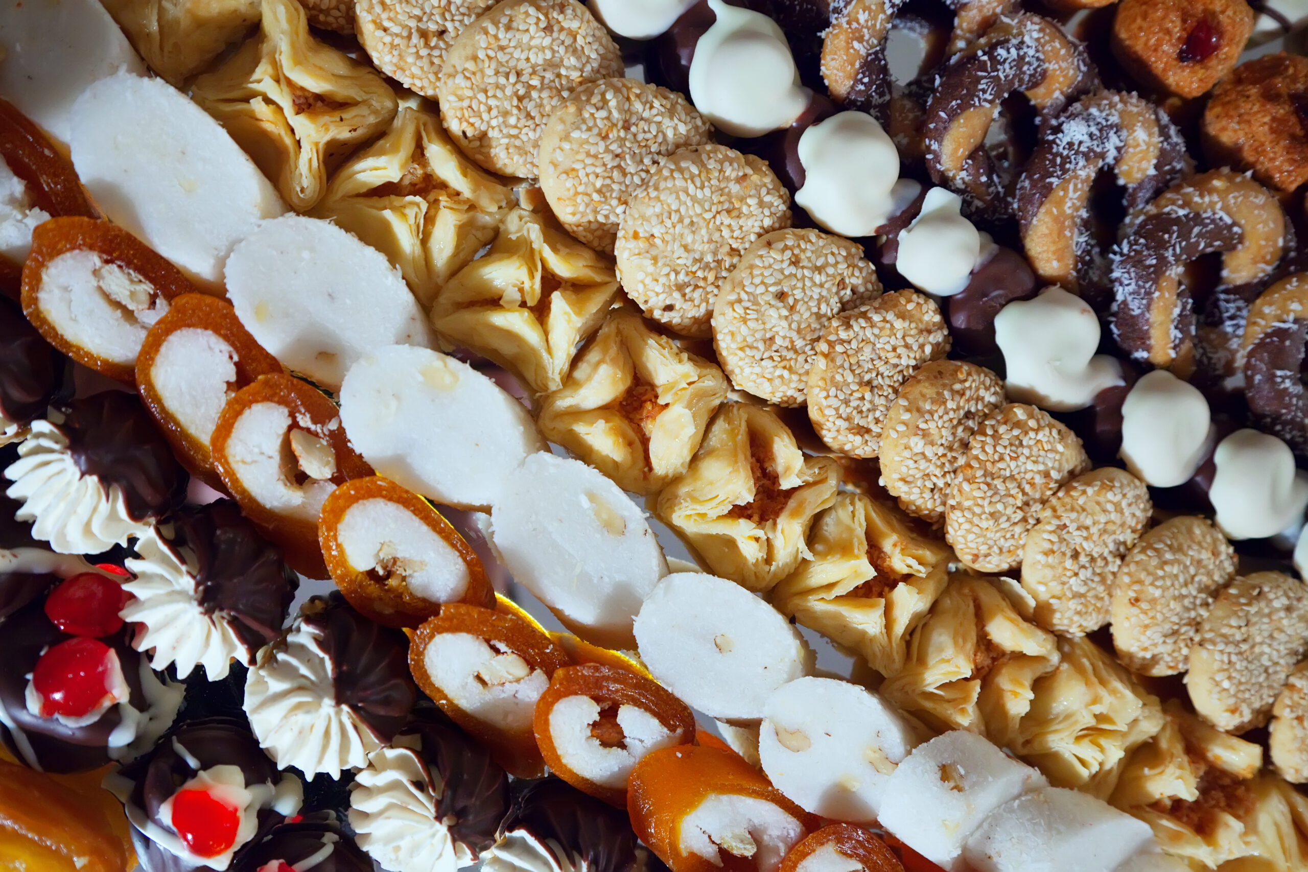 Different fresh cakes on banquet table