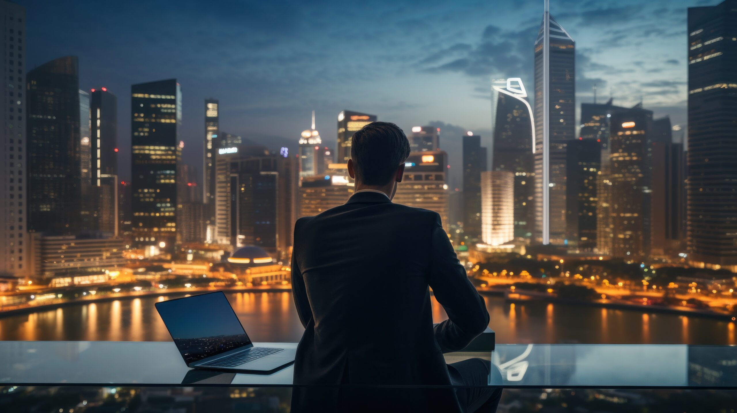 Businessman with laptop and city skyline backdrop.