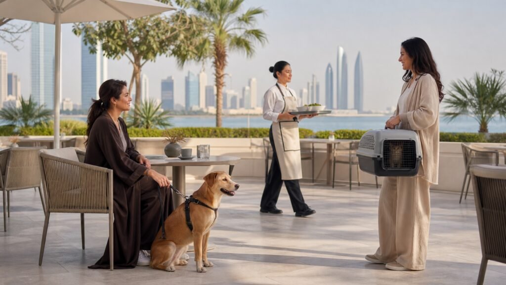 Guests with a calm dog and a cat carrier at an outdoor Abu Dhabi hotel restaurant