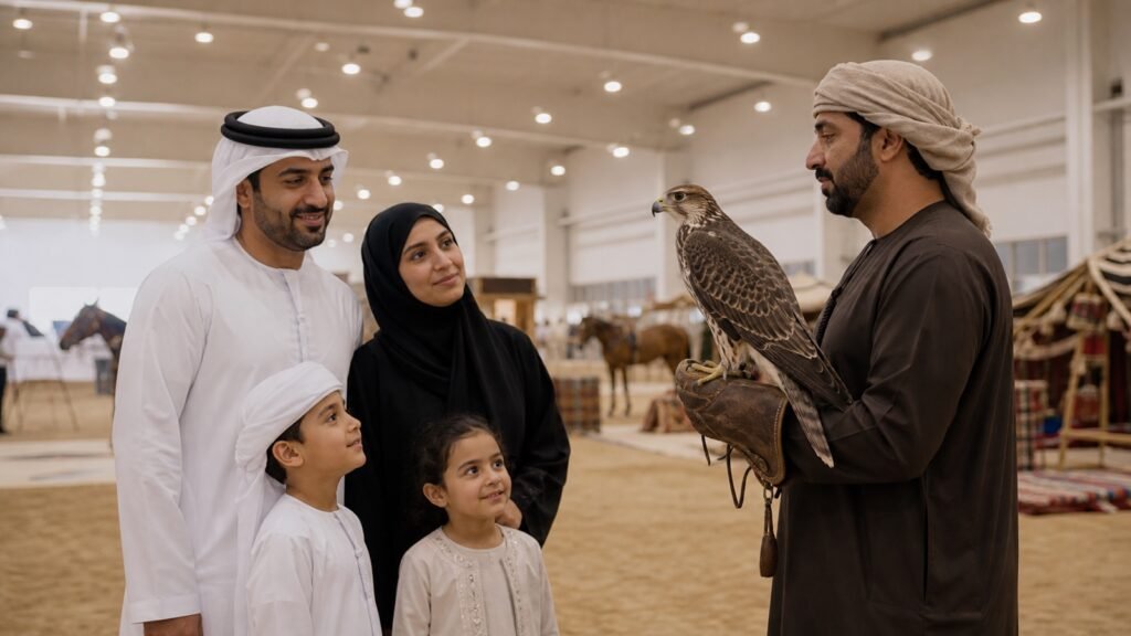 An Emirati family learning about falconry inside a modern Abu Dhabi exhibition hall