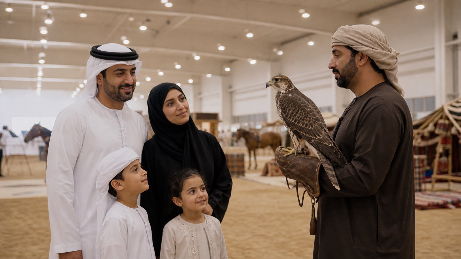 An Emirati family learning about falconry inside a modern Abu Dhabi exhibition hall
