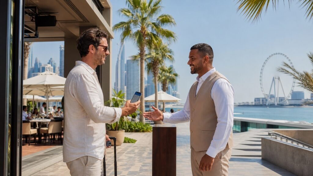A traveller presenting a mobile boarding pass at a waterfront leisure venue in Dubai