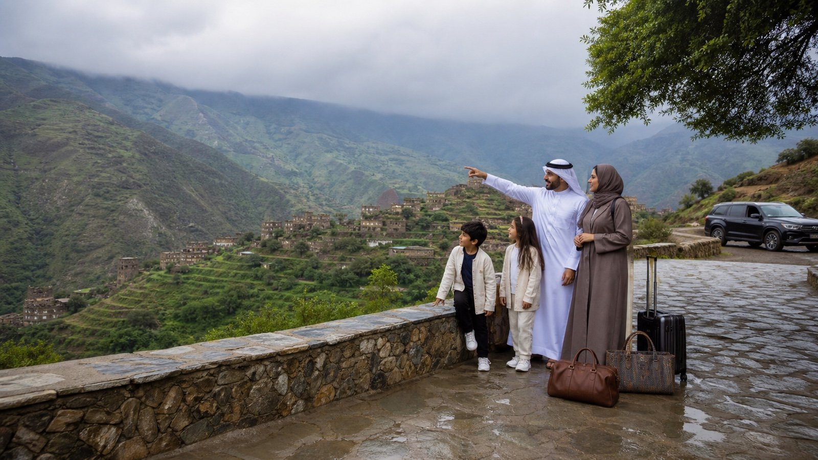 A Gulf family enjoying the green Aseer highlands during a summer road trip