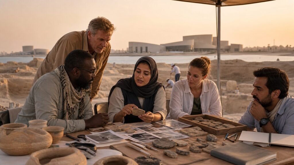 A diverse research team examining archaeological material at a UAE field site