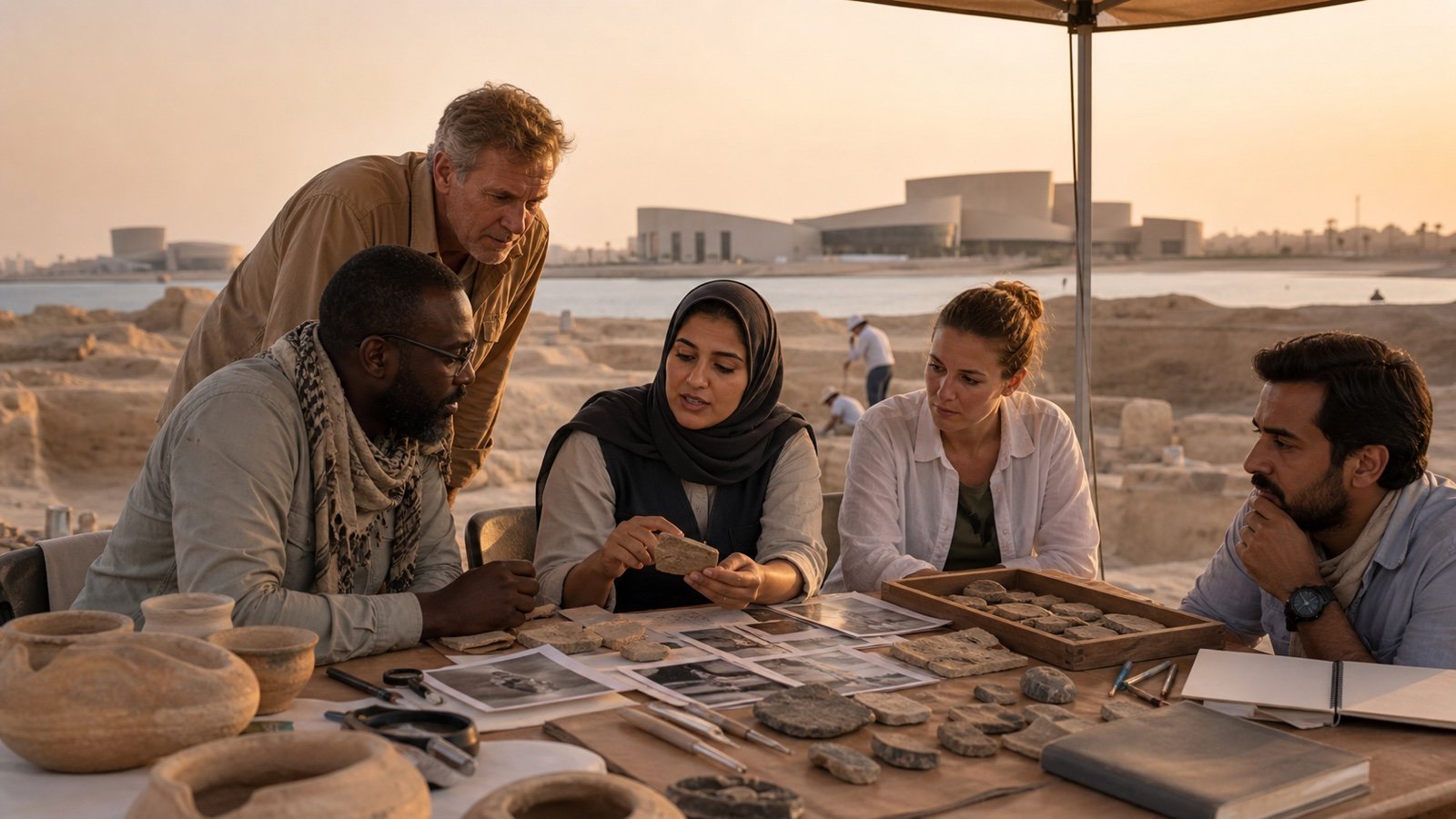 A diverse research team examining archaeological material at a UAE field site