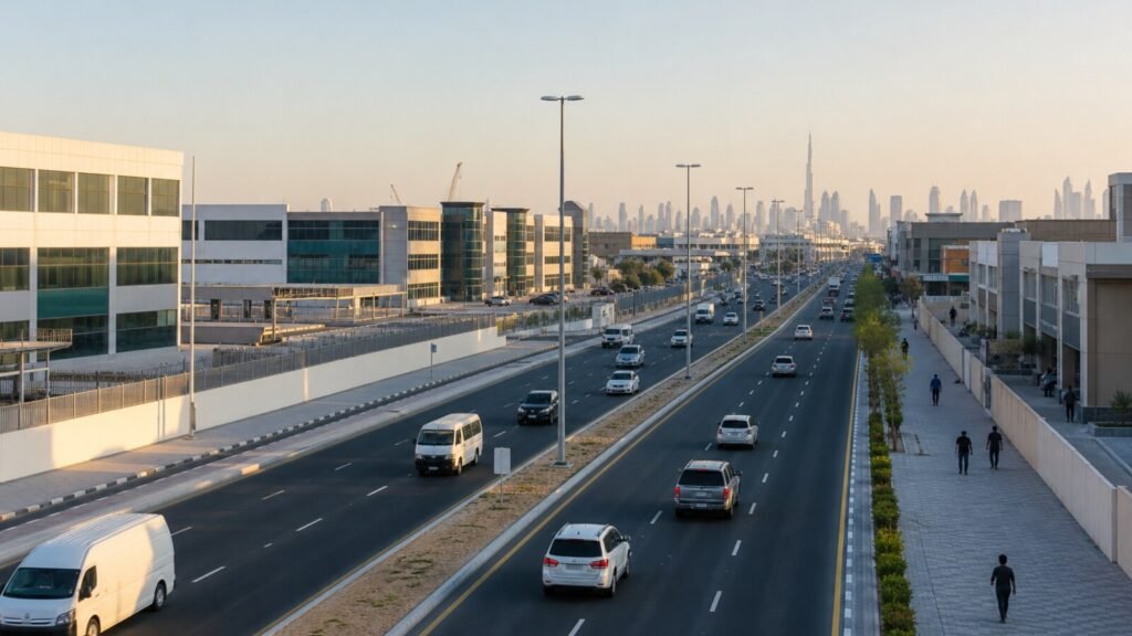 Traffic moving on a widened road with new lighting and a pedestrian walkway in the Al Quoz district of Dubai