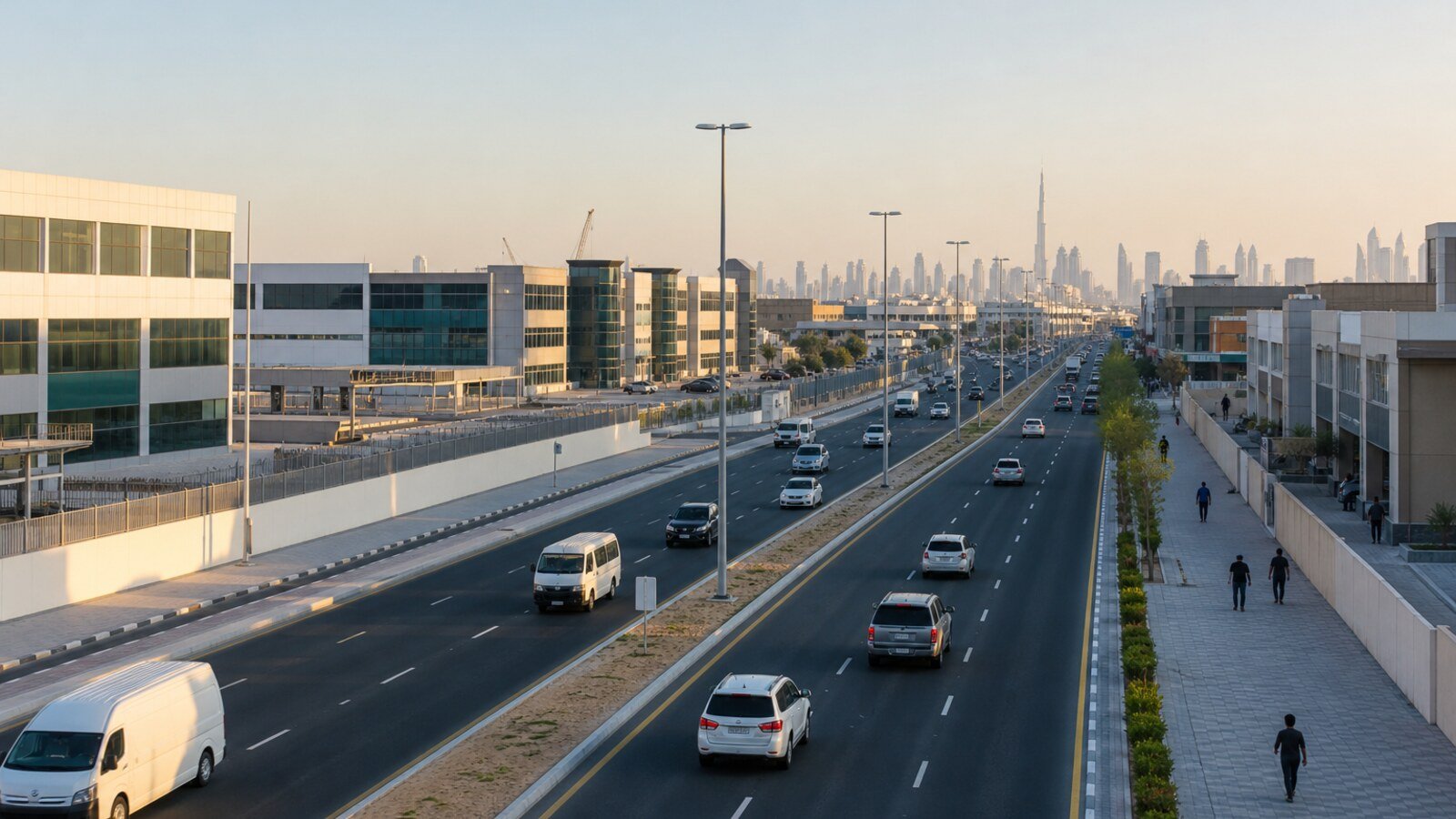 Traffic moving on a widened road with new lighting and a pedestrian walkway in the Al Quoz district of Dubai