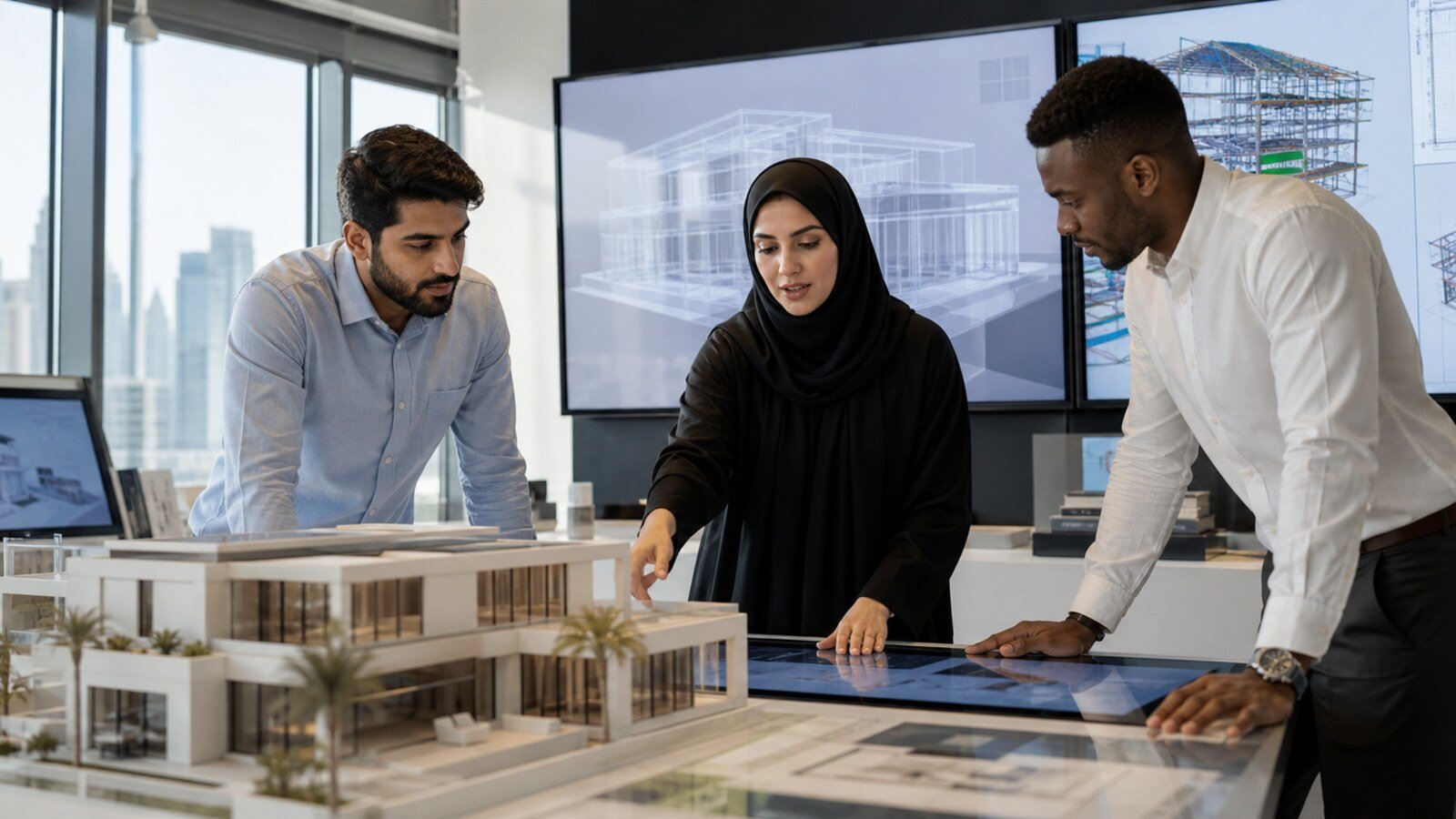 An Emirati architect and engineers reviewing a private villa model with digital building plans