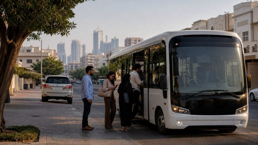 Residents boarding a compact on demand public bus on a Dubai neighbourhood street