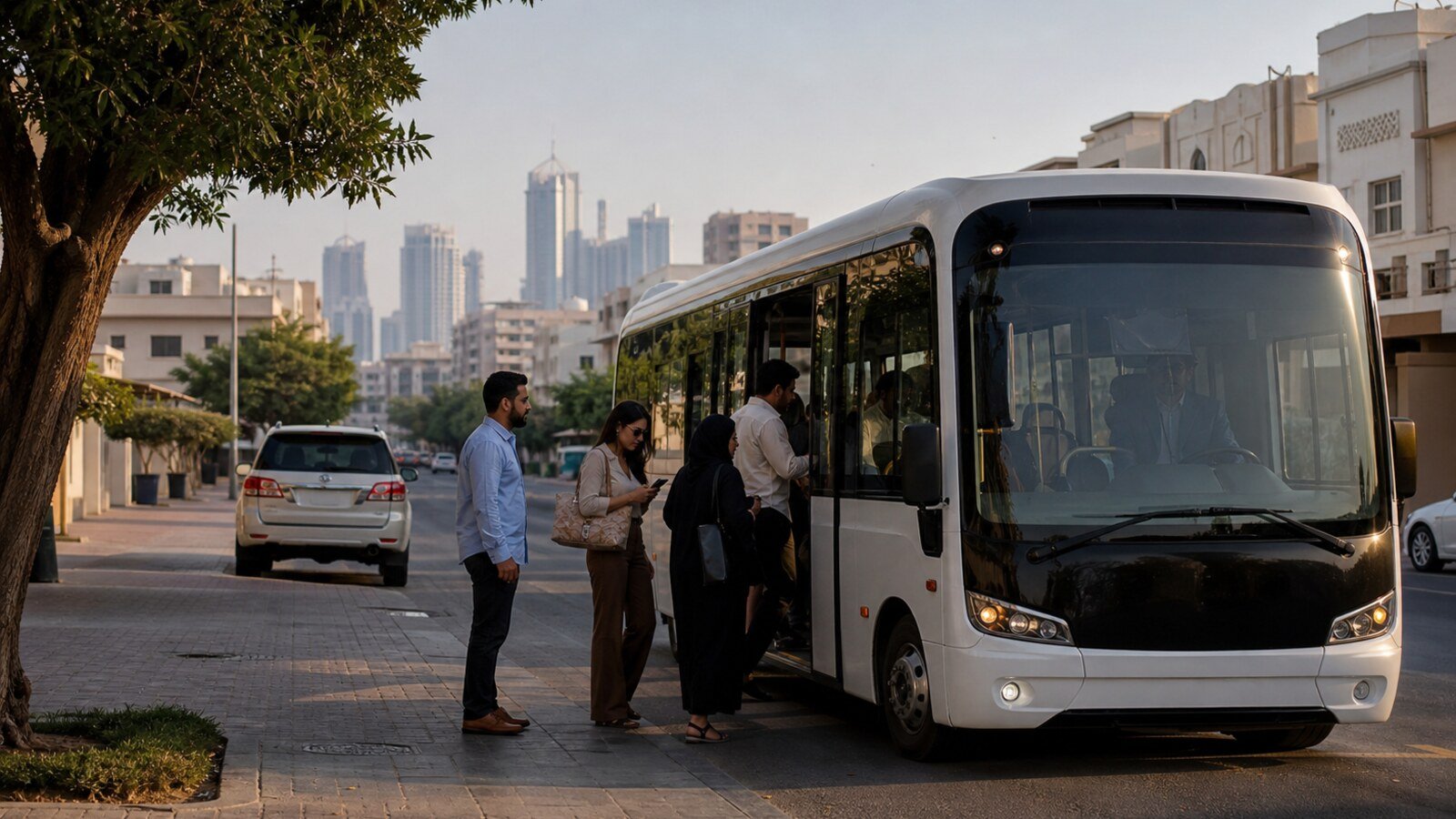 Residents boarding a compact on demand public bus on a Dubai neighbourhood street