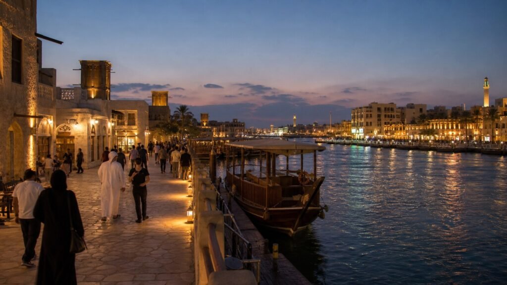 Historic Dubai Creek at blue hour with warm waterfront lighting, pedestrians and a traditional dhow