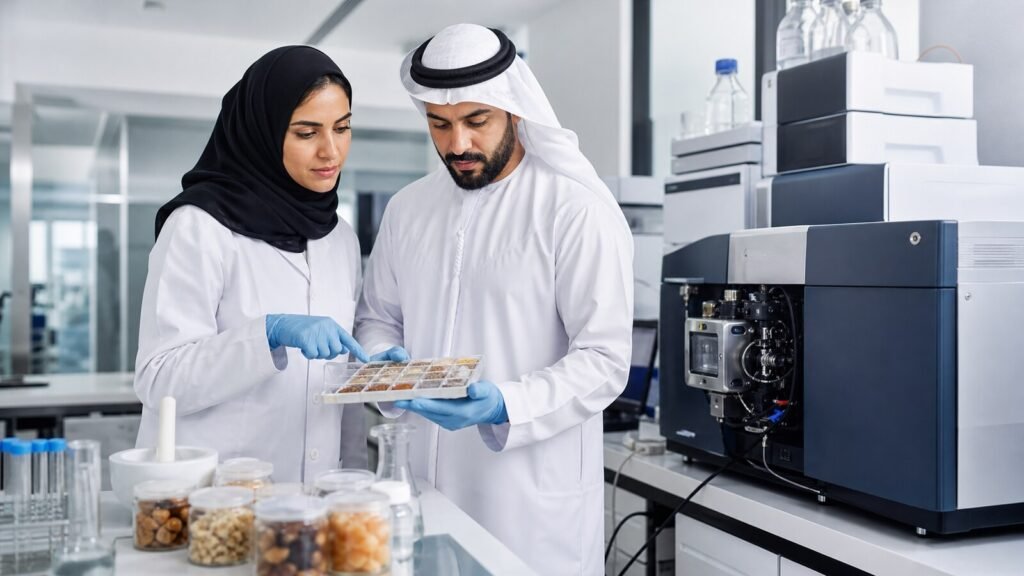 Emirati food scientists examining processed food samples beside advanced laboratory equipment in Dubai