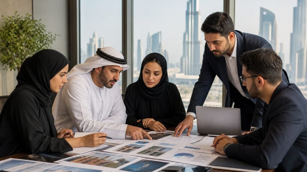 A diverse Dubai project team reviewing photographs, charts and evidence for an award nomination