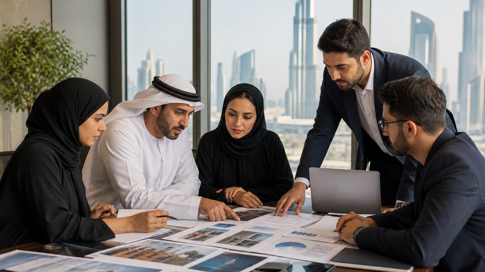 A diverse Dubai project team reviewing photographs, charts and evidence for an award nomination