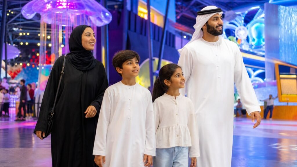 A Gulf family with two children enjoying a colourful indoor attraction in Dubai during summer