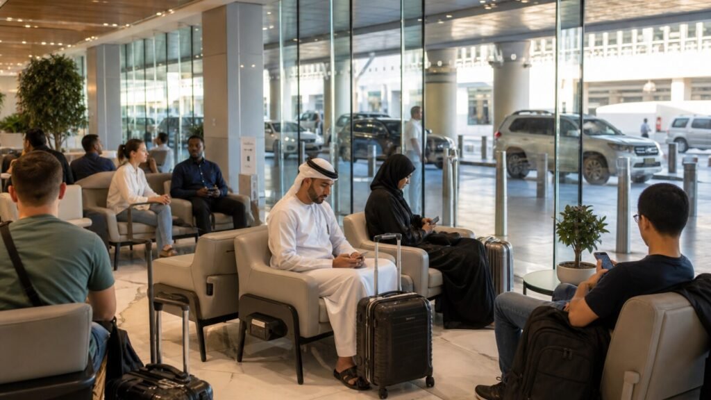 Travellers waiting with luggage inside a comfortable ride pickup lounge at a Dubai airport terminal