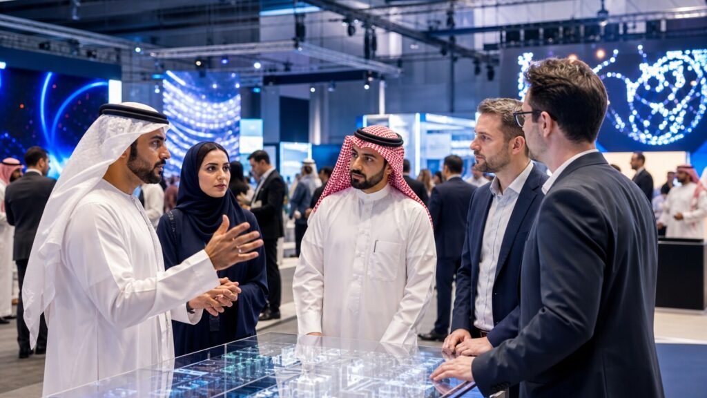 Emirati and Saudi technology professionals networking with international visitors at a large Riyadh exhibition