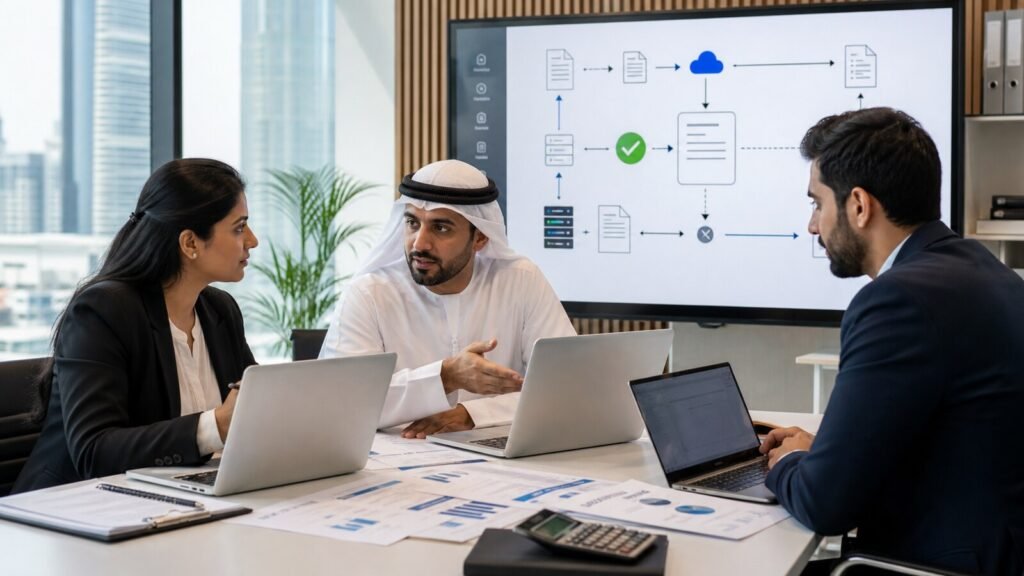 A UAE finance and technology team reviewing a structured electronic invoice workflow in a modern office