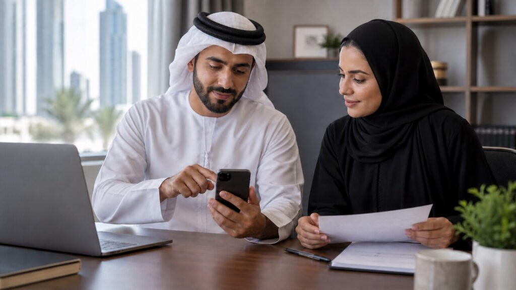 Two Emirati professionals checking and approving a payment on a smartphone in a modern office