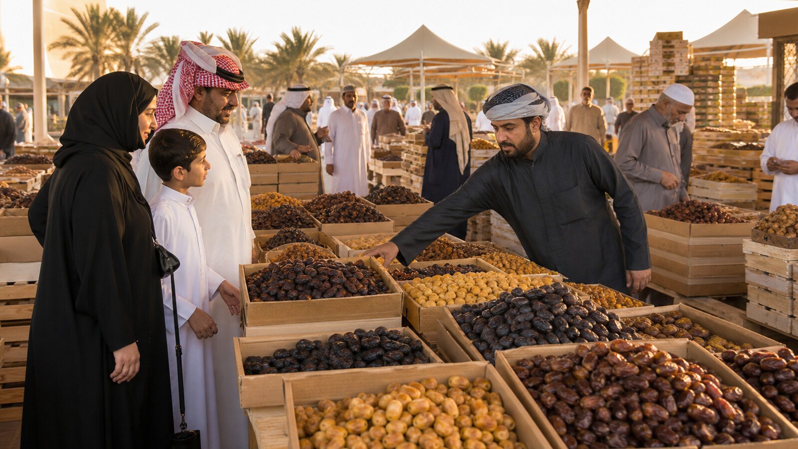 A Gulf family visiting Saudi date sellers and produce displays at an outdoor market in Qassim