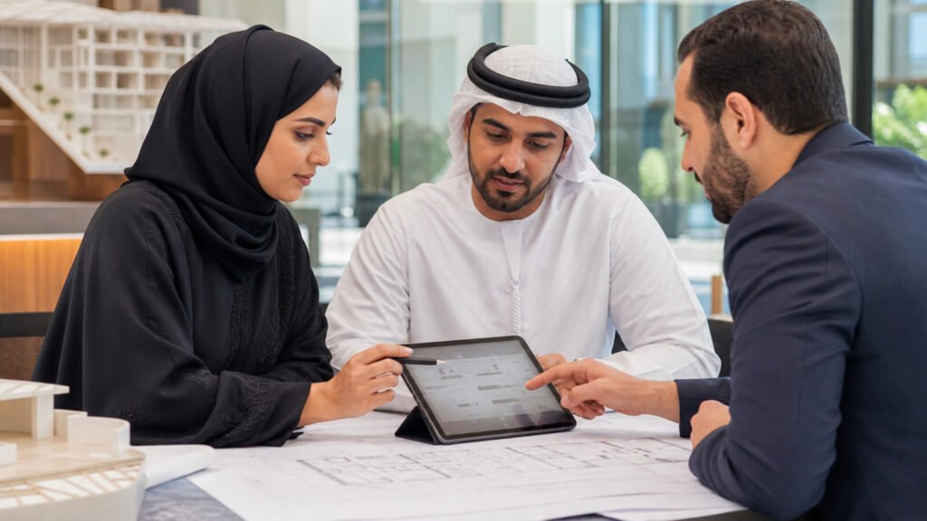 Three Dubai professionals reviewing architectural plans and a digital service workflow on a tablet