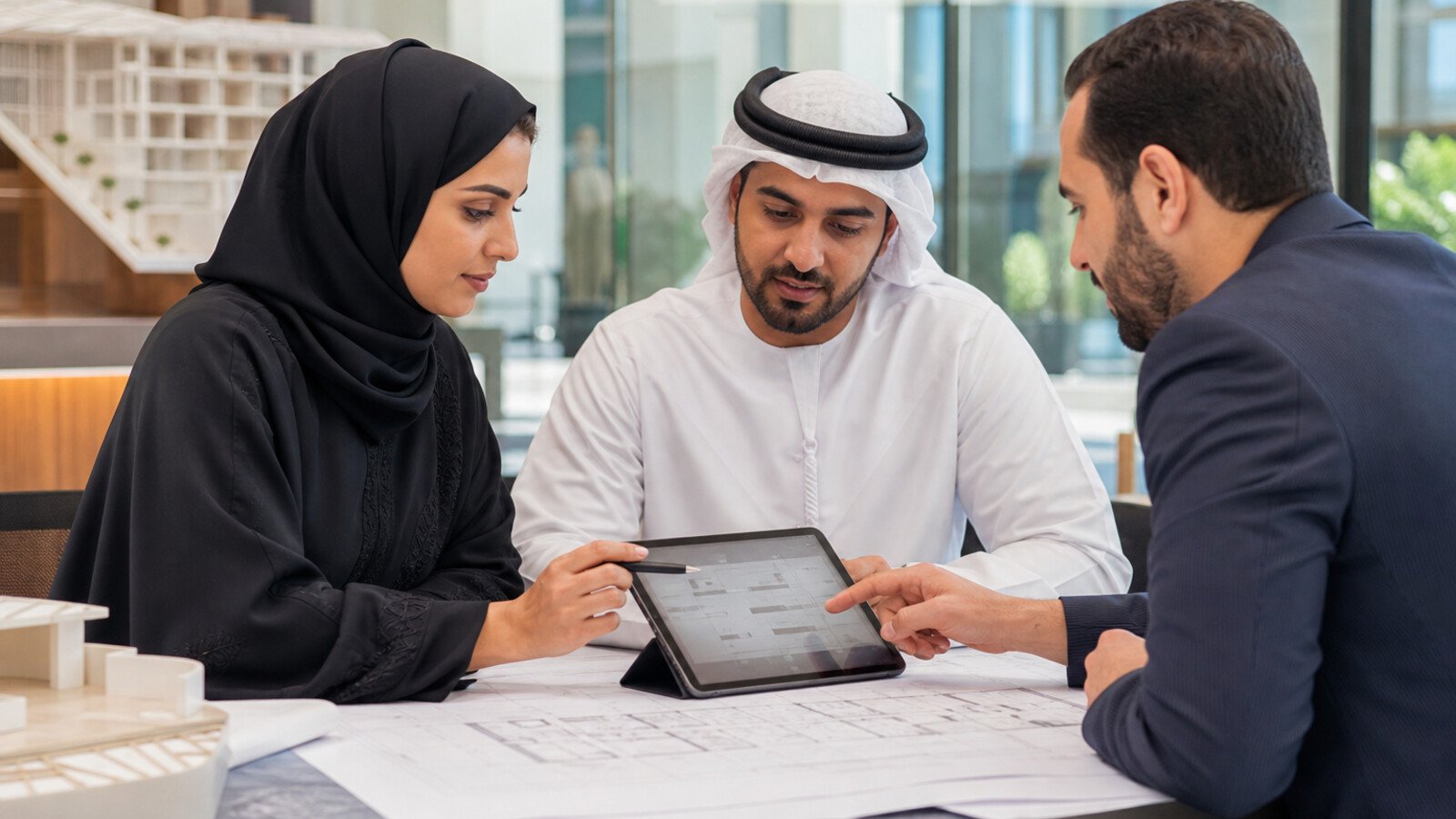 Three Dubai professionals reviewing architectural plans and a digital service workflow on a tablet