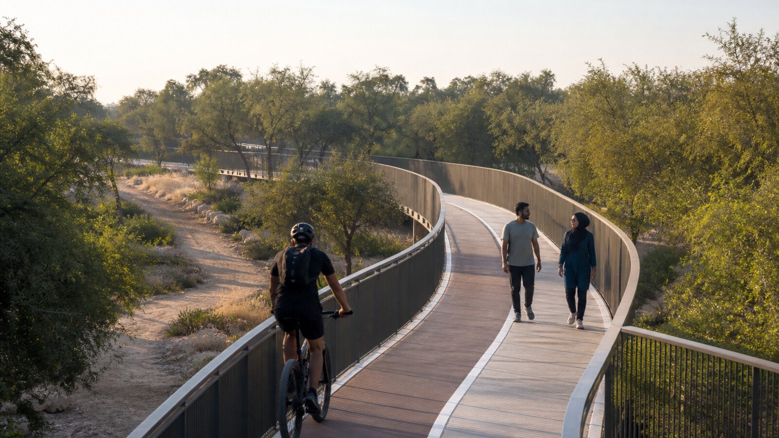 A mountain biker and two hikers using separate lanes on a curved bridge through a Dubai forest park