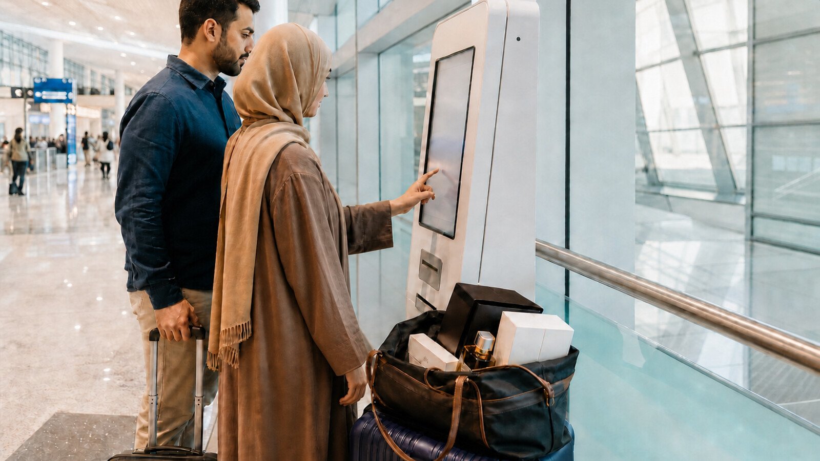 Two travellers using an unbranded refund validation kiosk beside luggage and boxed purchases at a UAE airport
