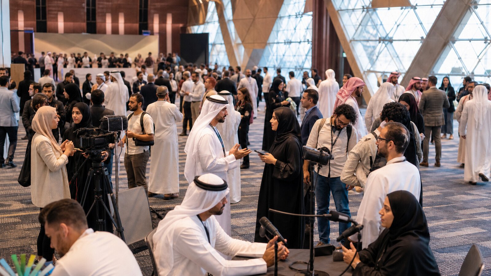 Arab journalists, creators and communication professionals networking inside a large modern Dubai conference venue