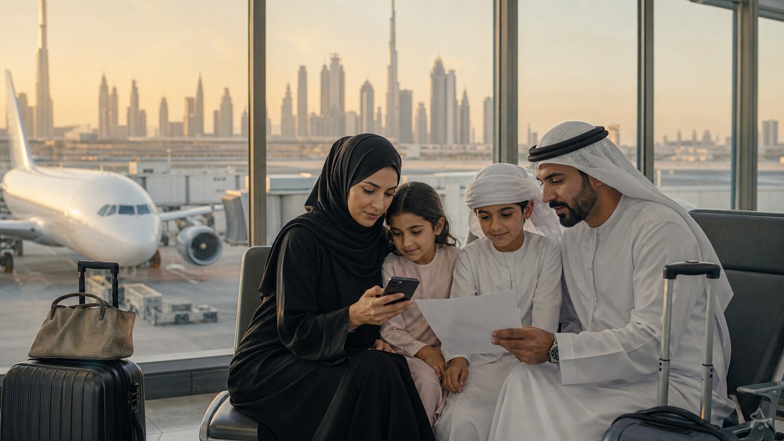 A Gulf family reviewing flight plans beside luggage and an unbranded aircraft at a modern Dubai airport