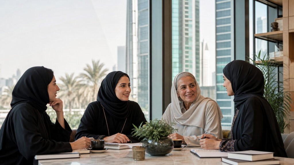 Four Emirati women from different generations speaking around a table in a modern Dubai setting
