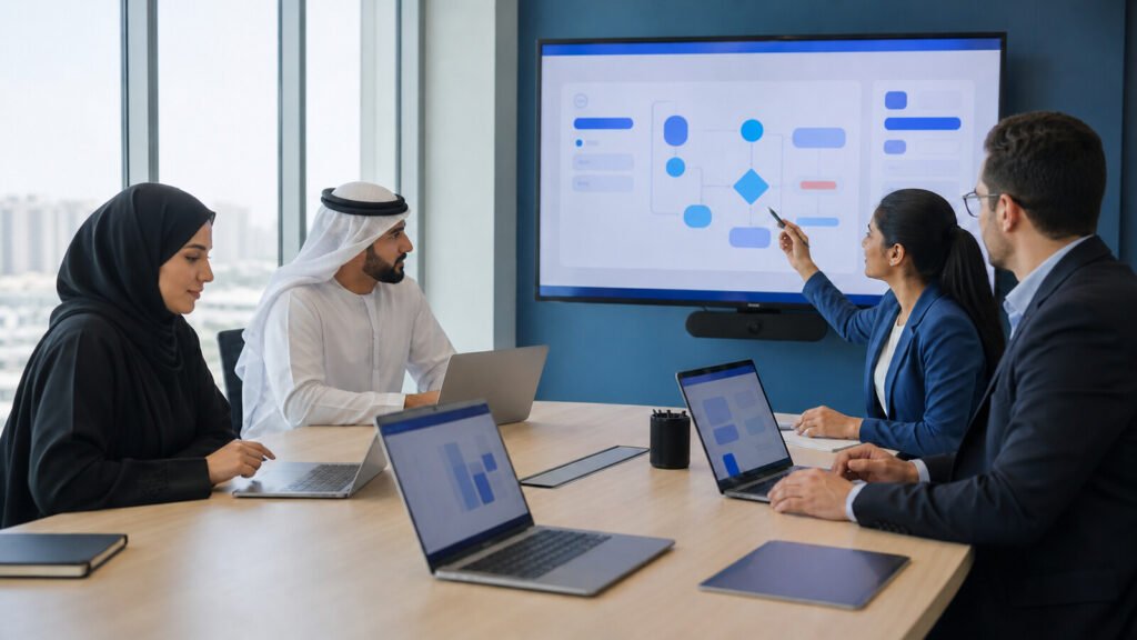 A diverse UAE technology team reviewing an abstract digital service workflow in a modern office