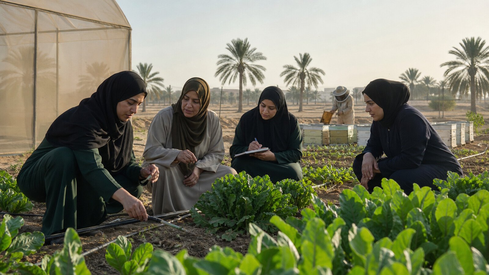 Emirati women inspecting irrigation and vegetable crops beside date palms and beehives on a UAE farm