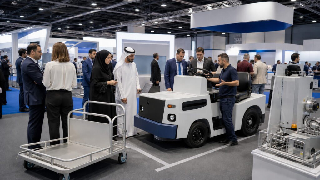 Aviation professionals examining airport ground equipment at a trade exhibition in Dubai