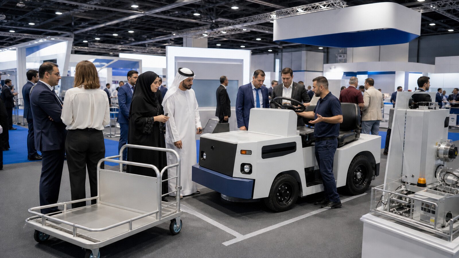 Aviation professionals examining airport ground equipment at a trade exhibition in Dubai