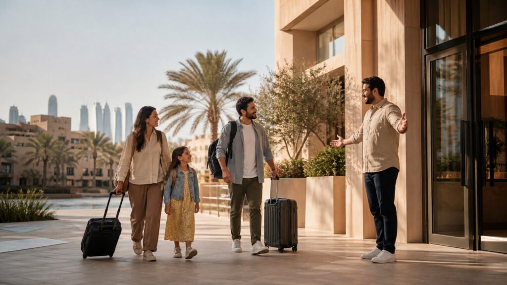 A Dubai resident welcoming a visiting family with luggage outside a modern hotel