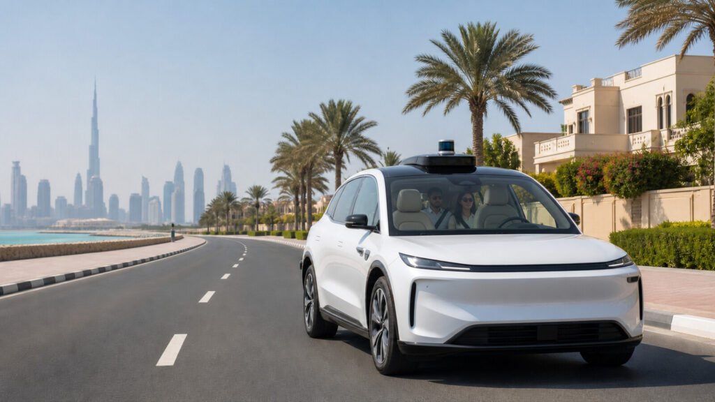 An unbranded driverless Robotaxi carrying two passengers on a coastal road in Dubai