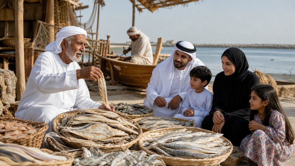 Emirati fisherman showing salted fish to a family beside traditional boats in Dibba Al Hisn