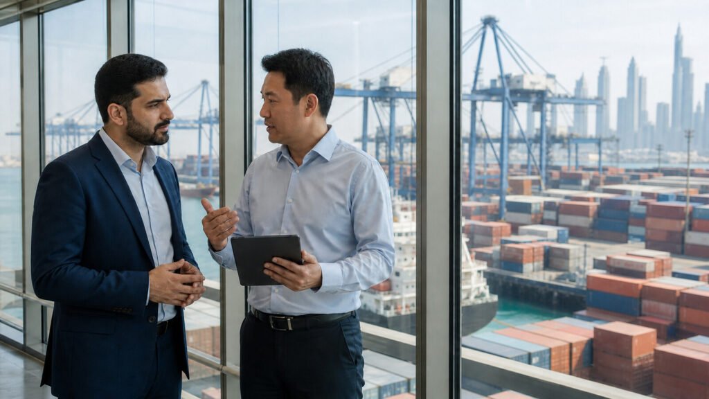 Two shipping professionals reviewing container charges on a tablet overlooking a Dubai port