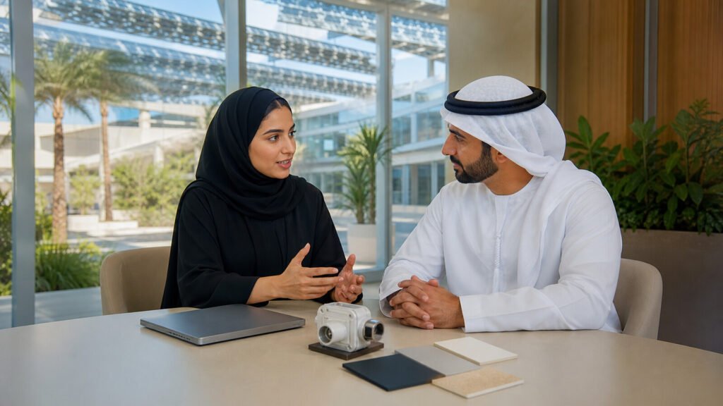 Emirati woman and man discussing a business idea in a modern Masdar City office