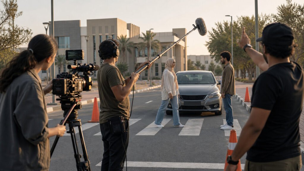 Young film crew recording a road safety scene with a stationary car on a controlled Dubai street