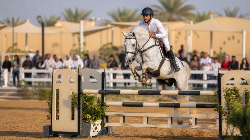 Emirati rider guiding a white Arabian horse over a show jumping fence at a UAE arena