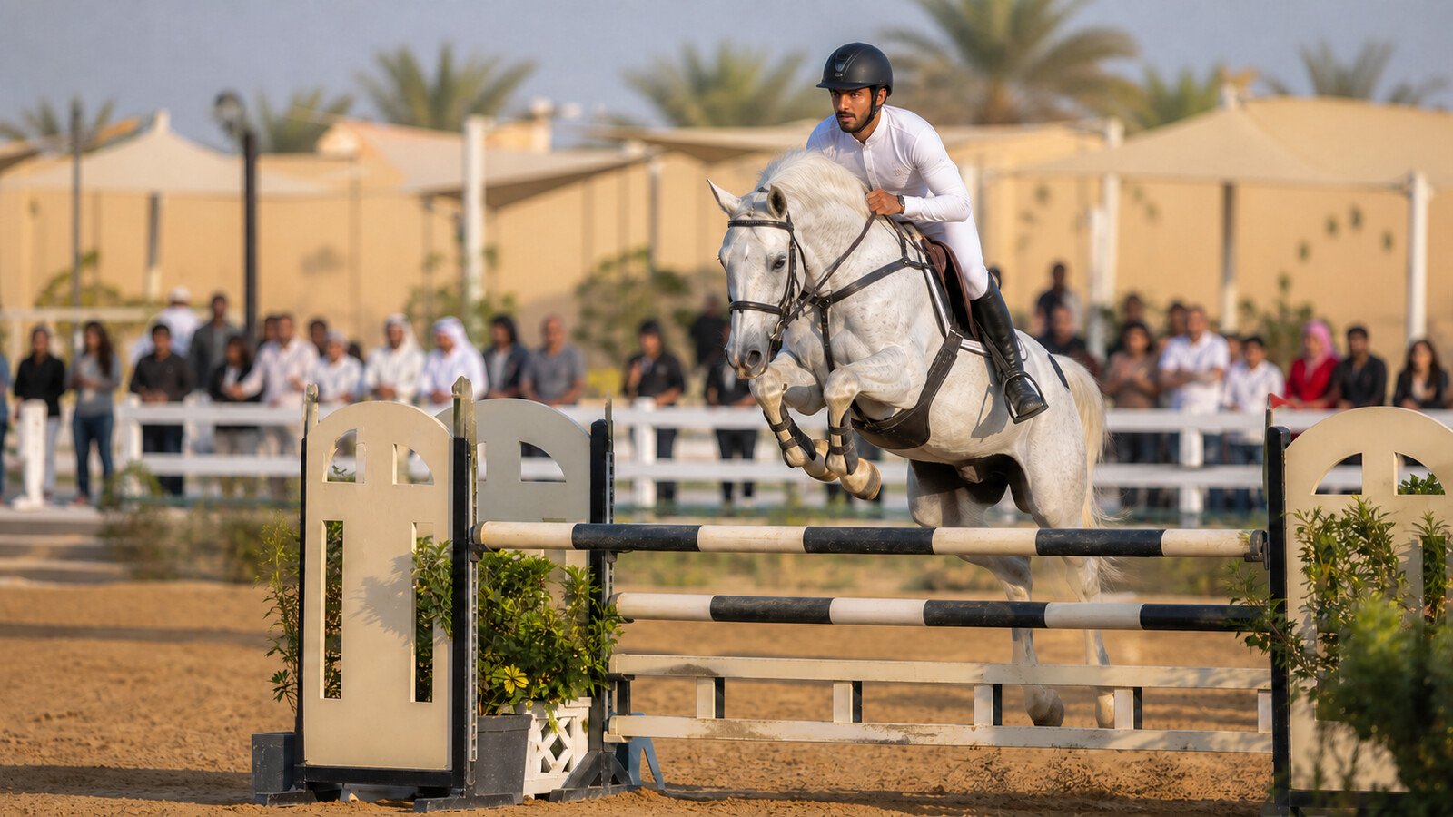 Emirati rider guiding a white Arabian horse over a show jumping fence at a UAE arena