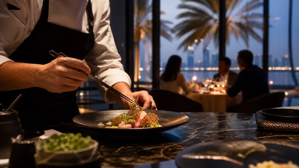 Chef plating a refined dish at an Abu Dhabi waterfront restaurant