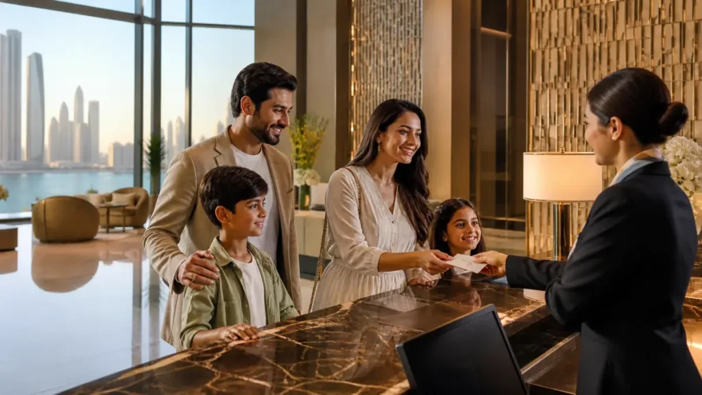 Indian family arriving for an Abu Dhabi hotel stay