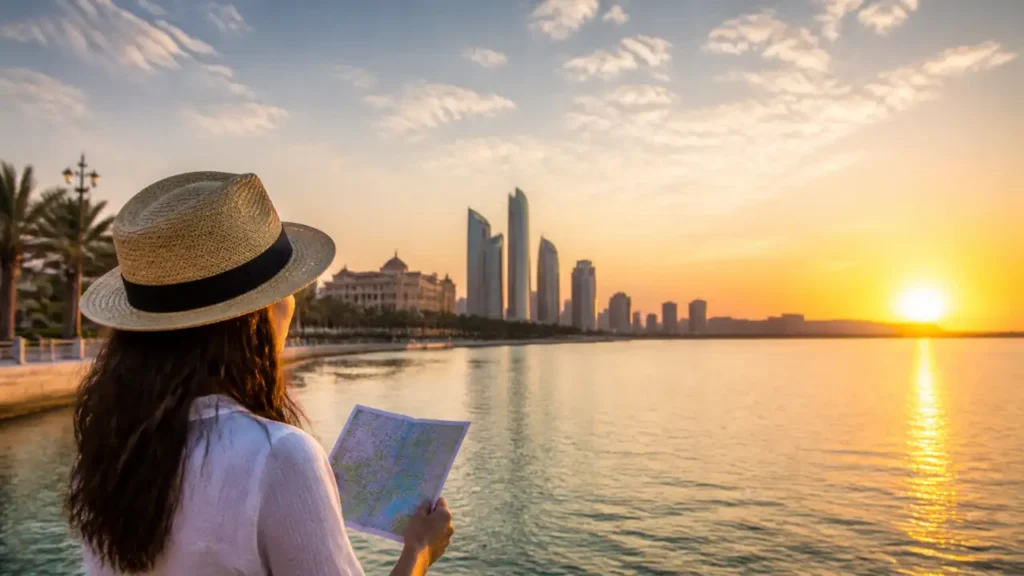 Abu Dhabi waterfront travel scene at sunset