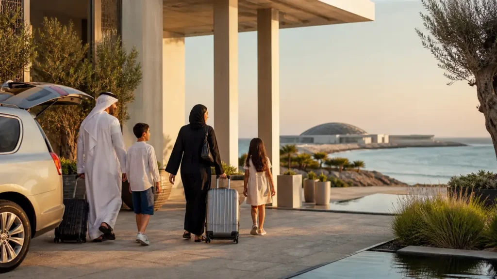 Family arriving for an Abu Dhabi staycation on Saadiyat Island