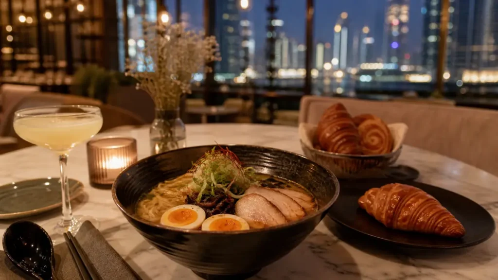 Dubai restaurant table with ramen and pastries for a neighbourhood dining guide