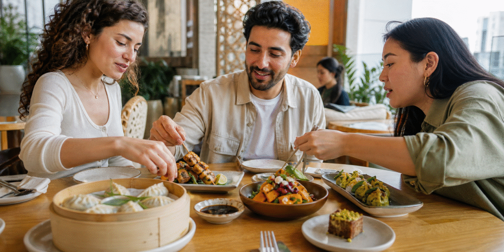 Friends sharing several small dishes at a casual Dubai restaurant