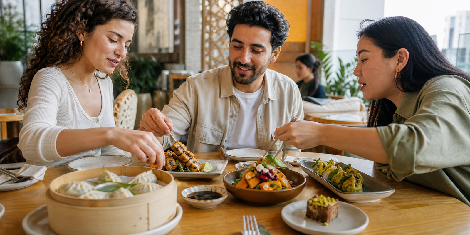 Friends sharing several small dishes at a casual Dubai restaurant